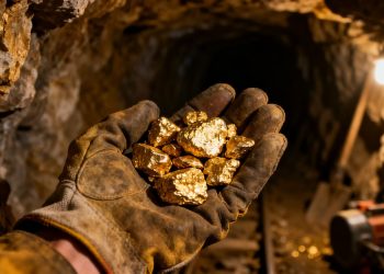 Main d'un mineur tenant des pépites d'or dans une mine.