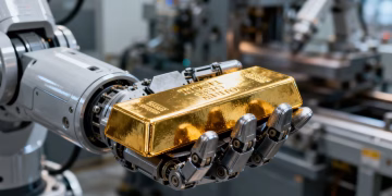 Un braccio robotico che sorregge un lingotto d'oro in una fabbrica.