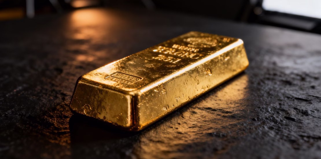 Barre d'or sur fond sombre, symbole de stabilité économique.