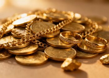 Pile d'or, bijoux et pièces de monnaie en or.