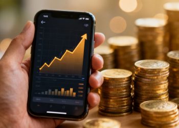 Main d'une personne tenant un smartphone avec un graphique financier.