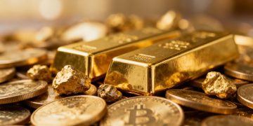 Stapel glimmende gouden munten en staven.