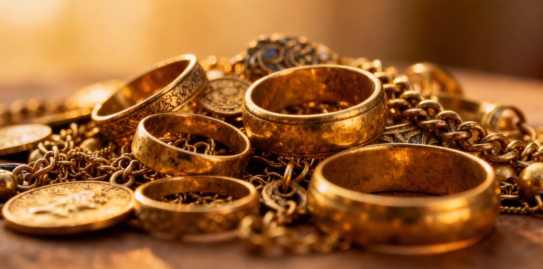 Bijoux en or anciens empilés, prêts à être vendus.