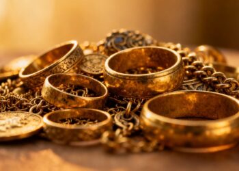 Bijoux en or anciens empilés, prêts à être vendus.