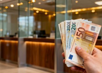Main d'une personne tenant des billets en euros devant une banque.