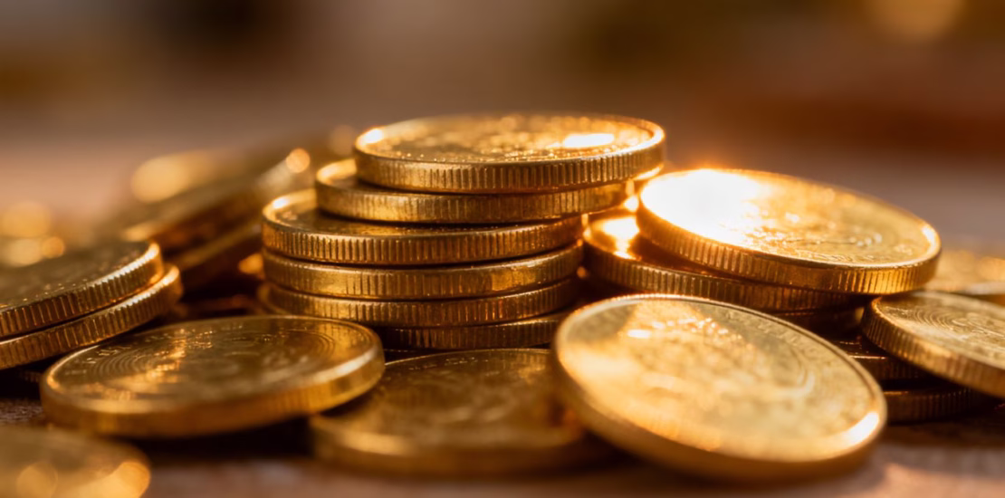 Pièces d'or brillantes empilées, gros plan.