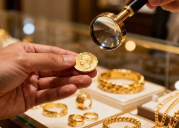 Main d'une personne tenant une pièce d'or, loupe à proximité.