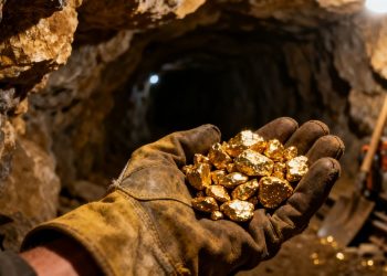 Main d'un mineur tenant des pépites d'or dans une mine.
