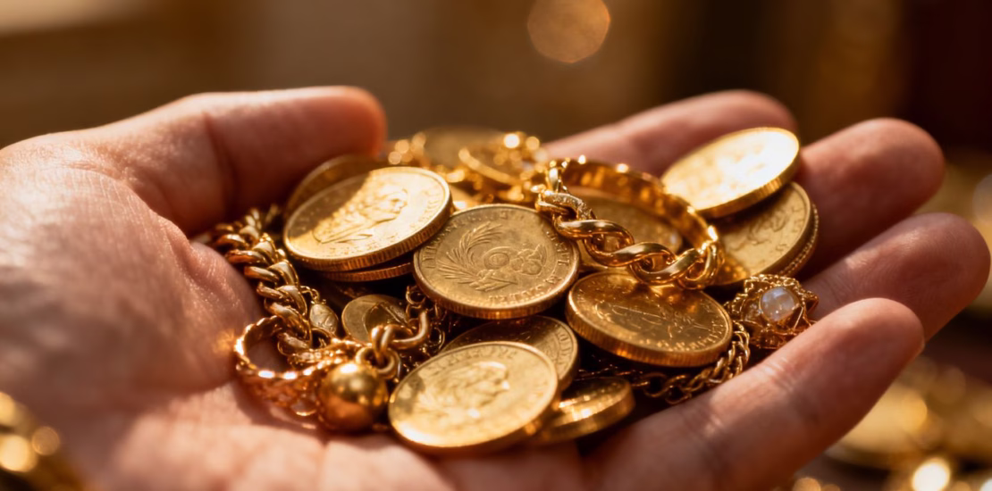 Main d'or tenant des pièces d'or et des bijoux.