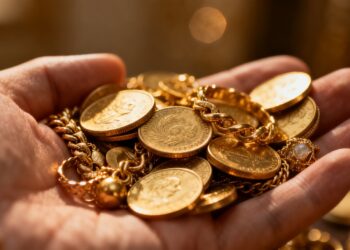 Main d'or tenant des pièces d'or et des bijoux.