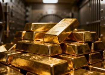 Barres d'or empilées dans un coffre-fort.
