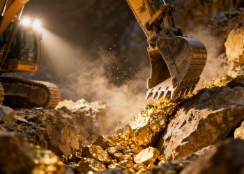 Excavatrice moderne extrayant de l'or dans une mine.
