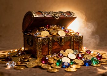 Coffre au trésor rempli d'or et de bijoux.