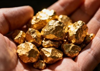 Eine goldene Hand, die gestohlene Goldnuggets hält