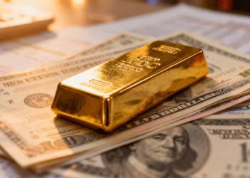 Lingot d'or sur des certificats d'actions boursières.