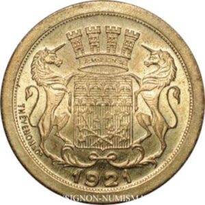 Avers 10 centimes - Chambre de commerce - Amiens [80] essai en laiton doré - 1921 - Commune d'Amiens
 (Département de la Somme) — pièce en or