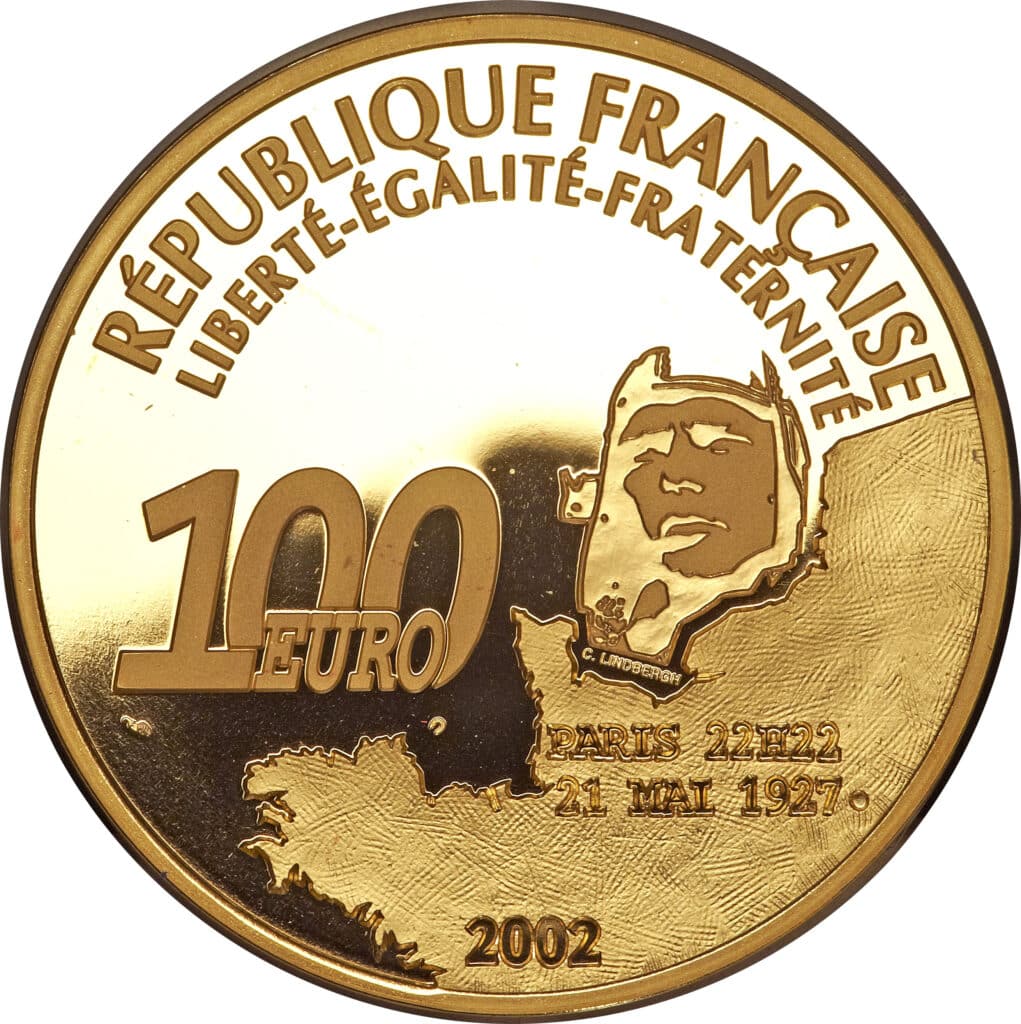 Avers 100 euros Traversée de Lindbergh - - — pièce en or