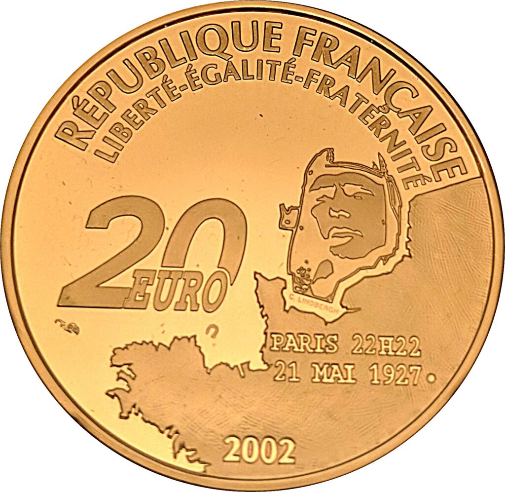 Avers 20 euros Traversée de Lindbergh - - — pièce en or