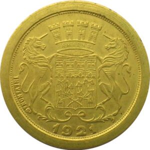 Avers 25 centimes - Chambre de commerce - Amiens [80] essai en laiton doré - 1921 - Commune d'Amiens
 (Département de la Somme) — pièce en or