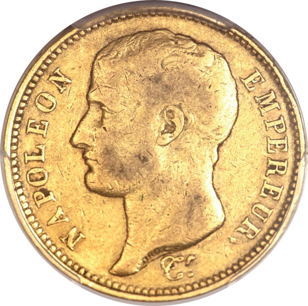 Avers 40 francs Napoléon Tête nue, calendrier grégorien, balancier Gengembre - - France — pièce en or