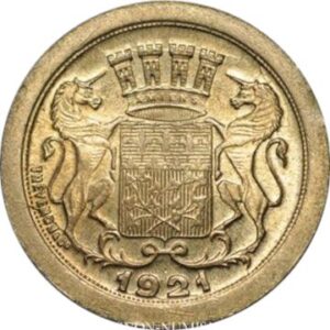 Avers 5 centimes - Chambre de commerce - Amiens [80] essai en laiton doré - 1921 - Commune d'Amiens
 (Département de la Somme) — pièce en or