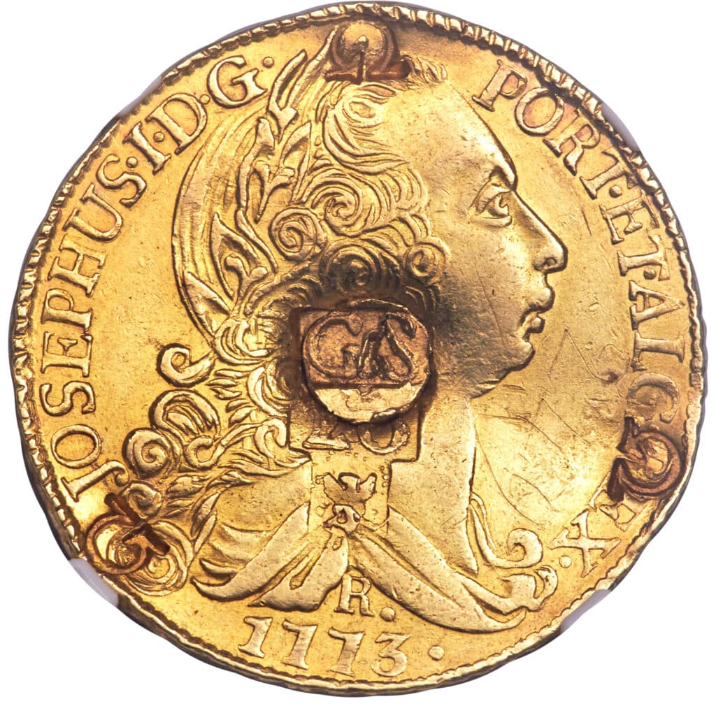 Avers 66 shillings Contremarque sur faux d'époque d'une pièce brésilienne d'or de 6400 Reis Joao 1 de 1773-R - - Martinique
 (France d'outre-mer) — pièce en or