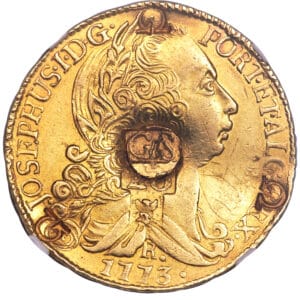 Avers 66 shillings Contremarque sur faux d'époque d'une pièce brésilienne d'or de 6400 Reis Joao 1 de 1773-R - - Martinique
 (France d'outre-mer) — pièce en or