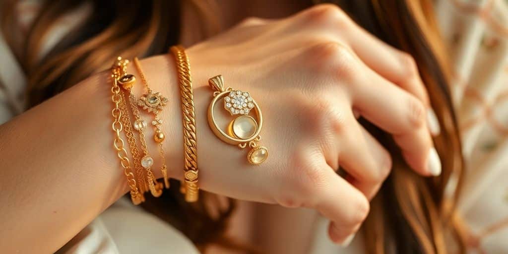 Accumulation de bijoux or vintage sur un poignet.