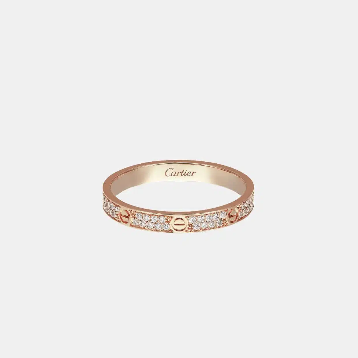 Bague Love Cartier petit modèle en or rose, 72 diamants pavé — photographie du modèle, cote d’occasion GOLDMARKET