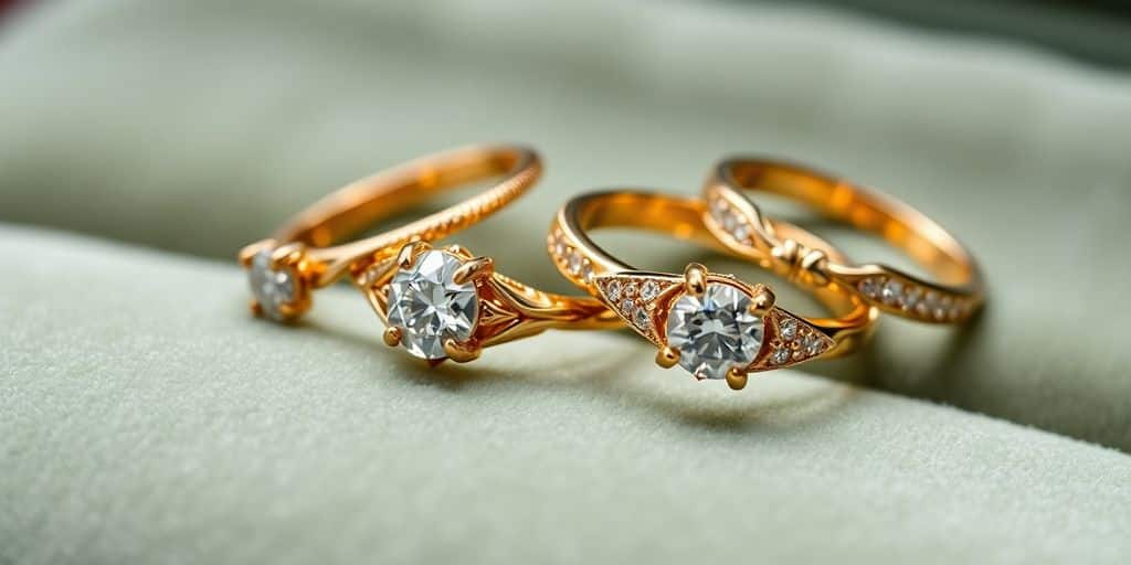 Bagues en or avec diamants scintillants sur velours.