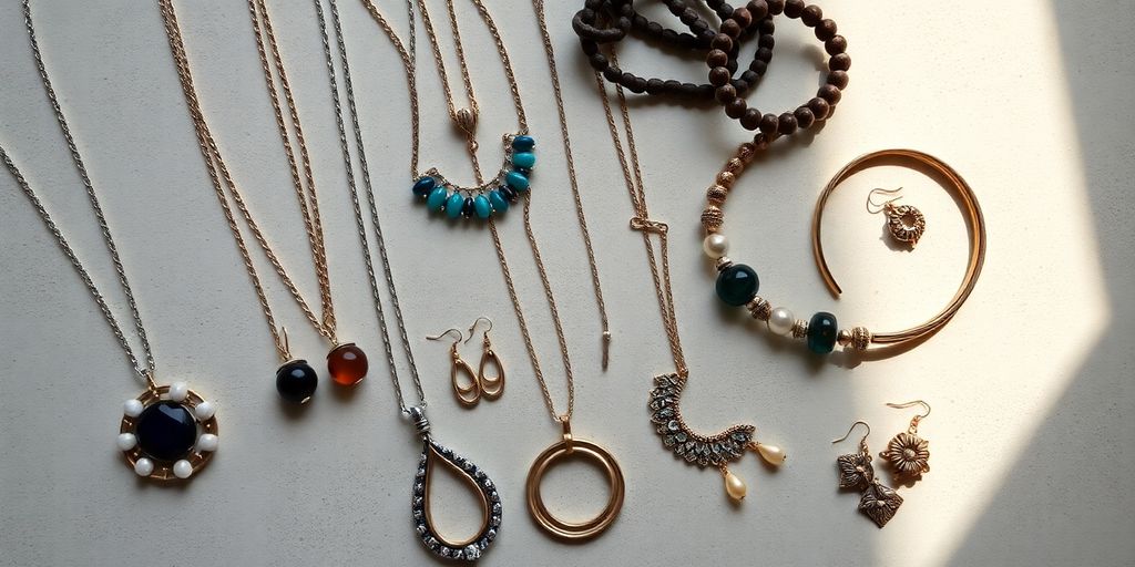 Bijoux artisanaux variés sur fond neutre texturé.
