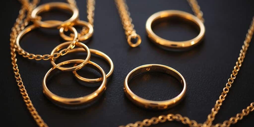 Bijoux en or, bagues et colliers, sur fond sombre.