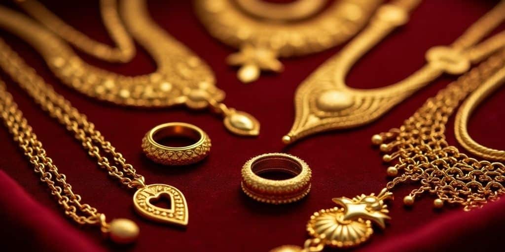 Bijoux en or sur un tissu en velours.