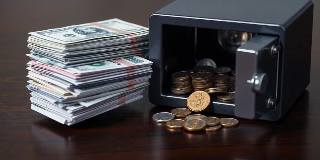 Billets de banque et pièces de monnaie dans un coffre-fort.