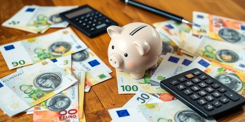Billets de banque, tirelire, calculatrice, stylo sur table