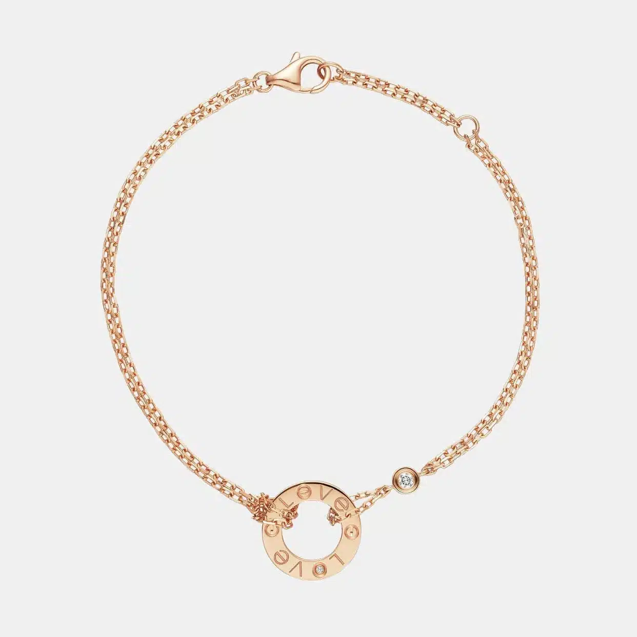 Bracelet Love Cartier en or rose, 2 diamants — photographie du modèle, cote d’occasion GOLDMARKET