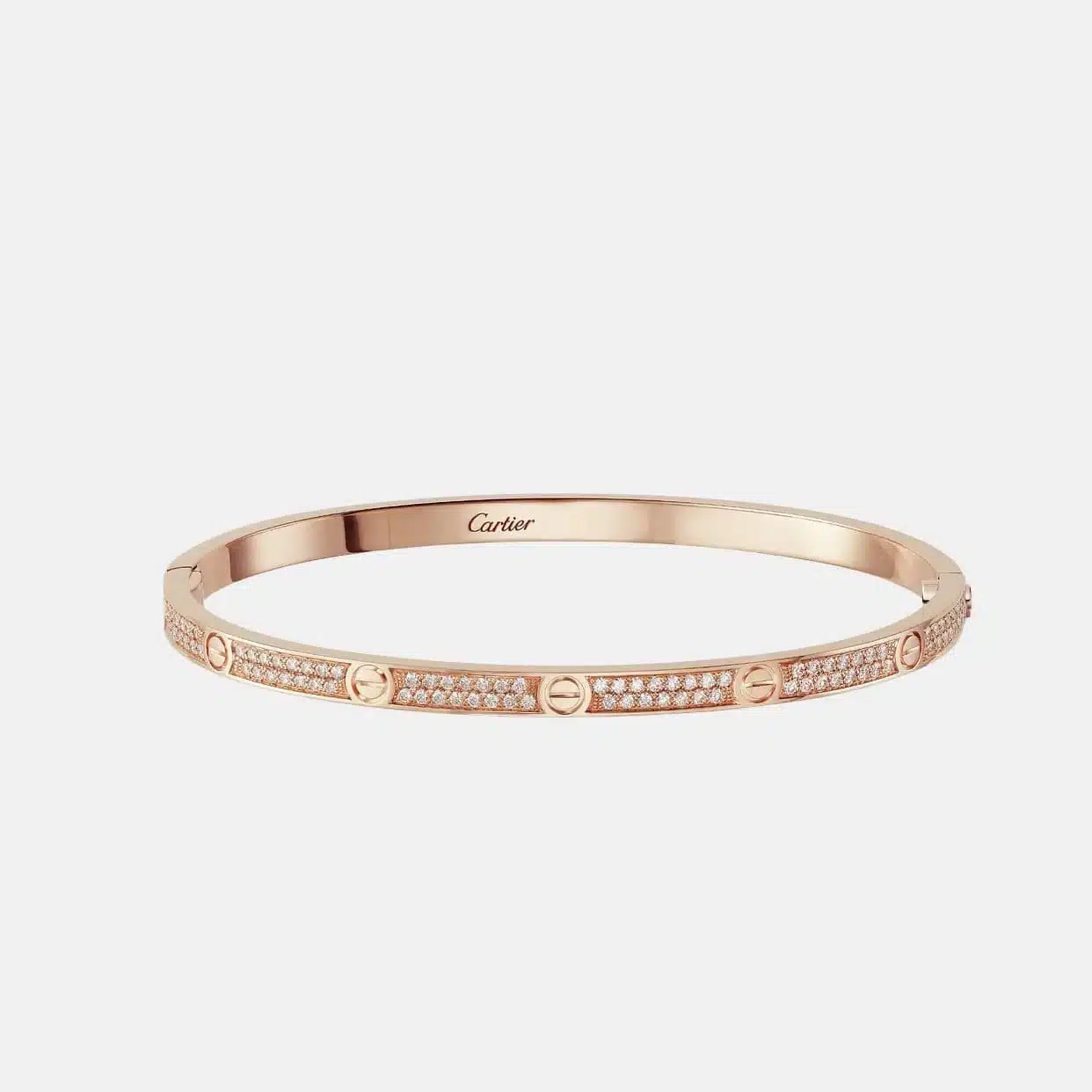 Bracelet Love Cartier petit modèle en or rose, pavé — photographie du modèle, cote d’occasion GOLDMARKET