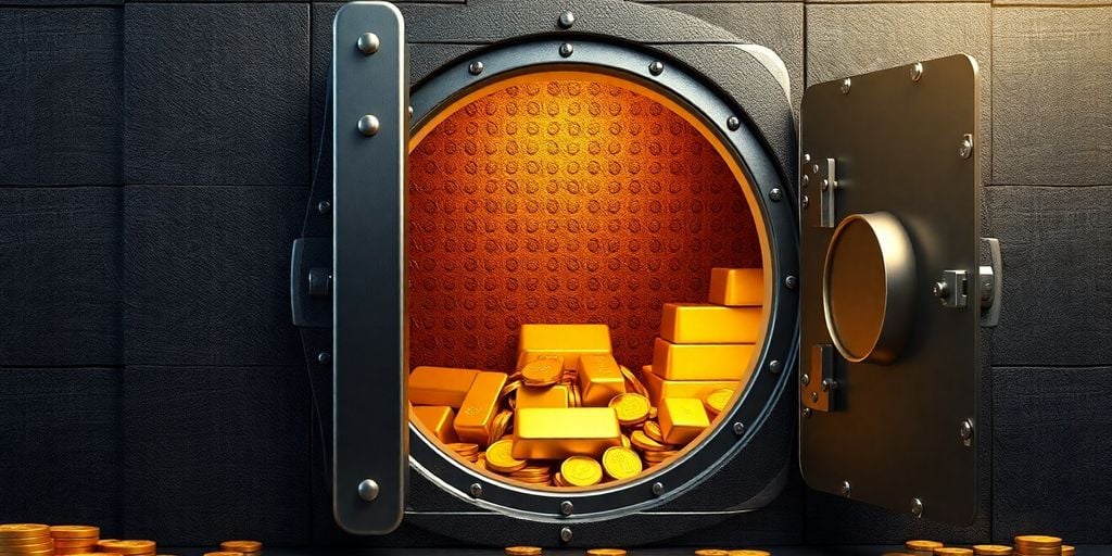 Coffre-fort rempli de lingots et de pièces d'or.