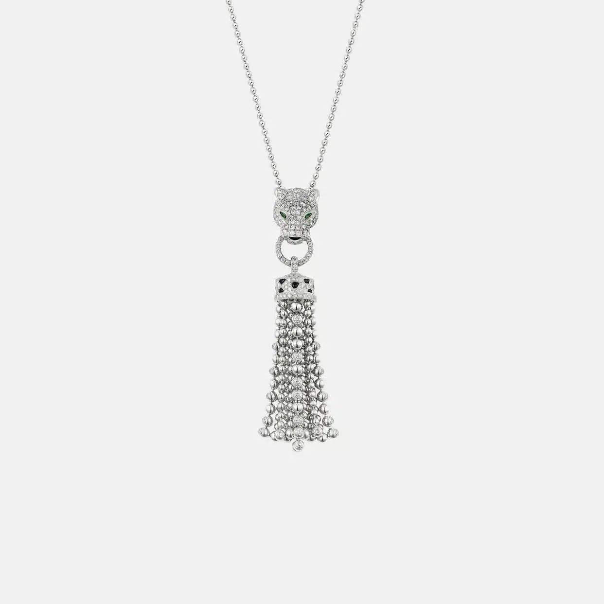 Collier Panthère Cartier en or blanc, émeraude — photographie du modèle, cote d’occasion GOLDMARKET
