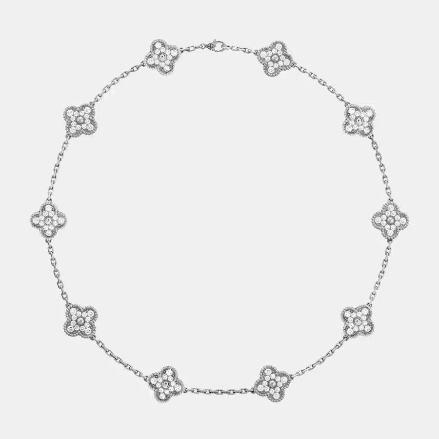 Collier Vintage Alhambra Van Cleef & Arpels en or blanc, diamant 4.83ct 10 motifs — photographie du modèle, cote d’occasion GOLDMARKET