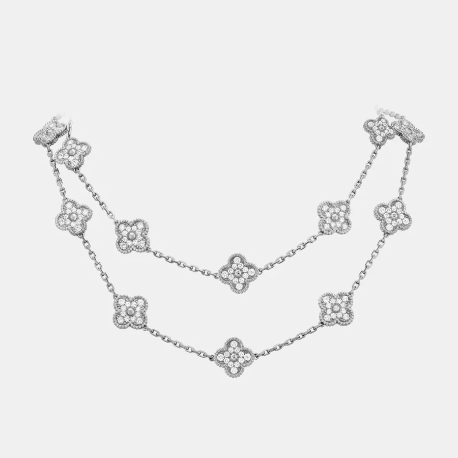 Collier Vintage Alhambra Van Cleef & Arpels en or blanc, diamant 9.67ct 20 motifs — photographie du modèle, cote d’occasion GOLDMARKET