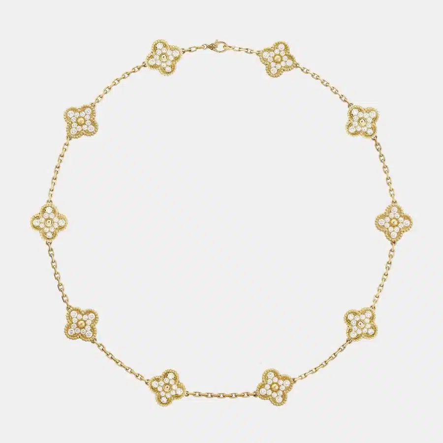 Collier Vintage Alhambra Van Cleef & Arpels en or jaune, diamant 4.83ct 10 motifs — photographie du modèle, cote d’occasion GOLDMARKET
