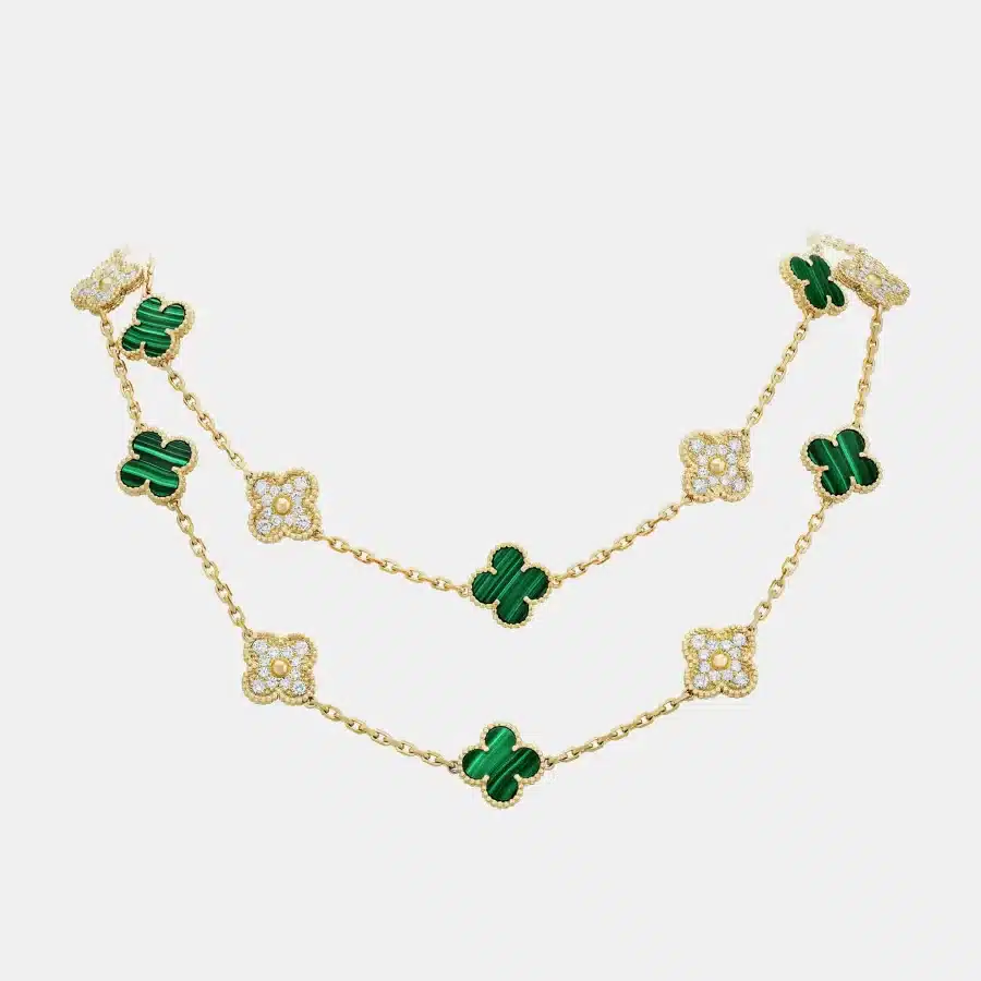 Collier Vintage Alhambra Van Cleef & Arpels en or jaune, diamant 4.83ct 20 motifs — photographie du modèle, cote d’occasion GOLDMARKET