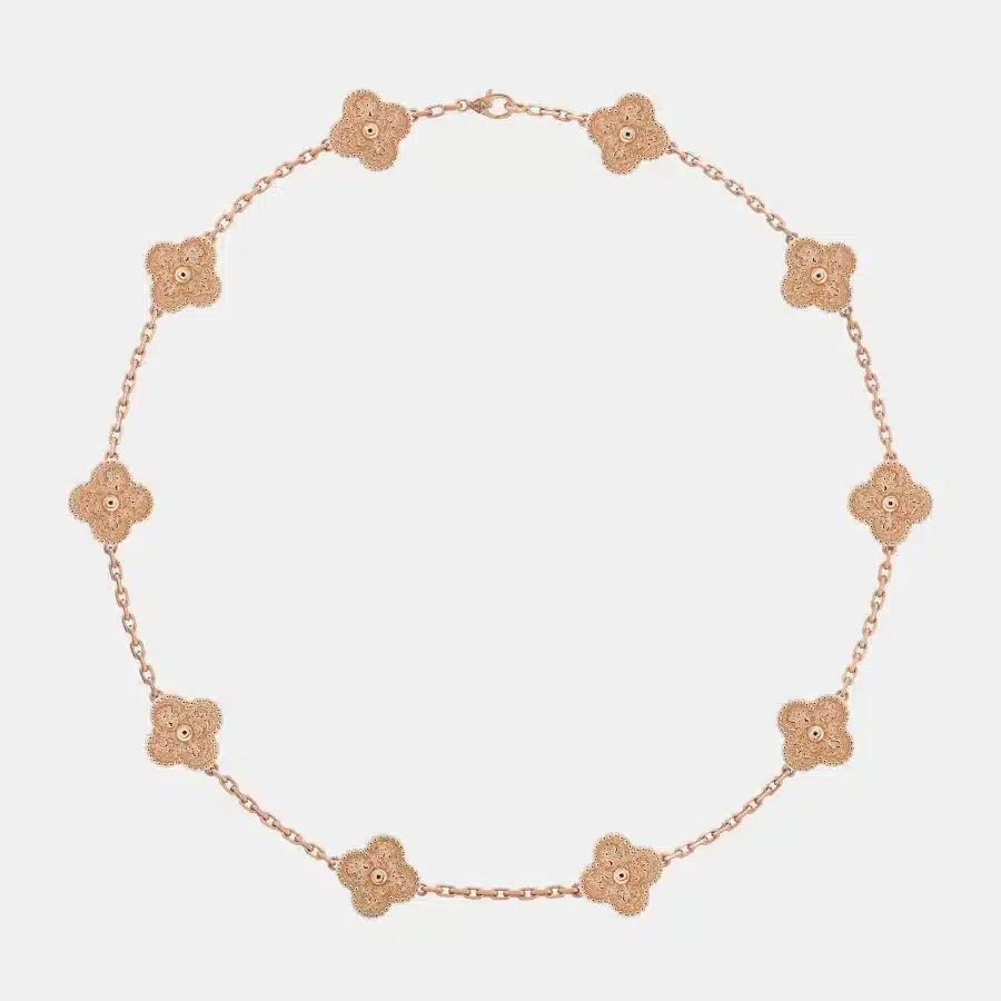 Collier Vintage Alhambra Van Cleef & Arpels en or rose, 10 motifs — photographie du modèle, cote d’occasion GOLDMARKET