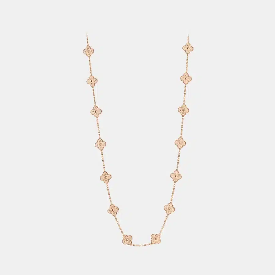 Collier Vintage Alhambra Van Cleef & Arpels en or rose, 20 motifs — photographie du modèle, cote d’occasion GOLDMARKET