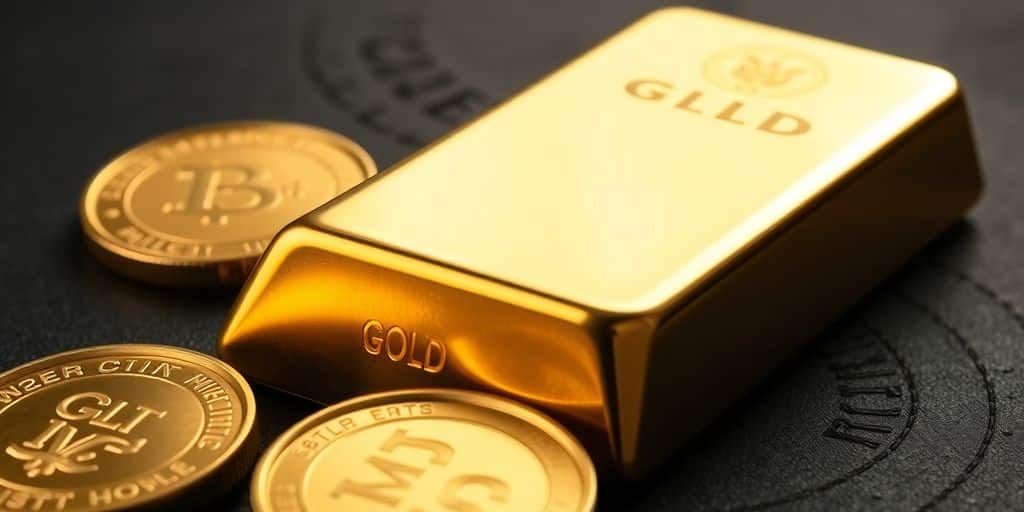 Lingot d'or et pièces d'or brillants sur fond sombre.