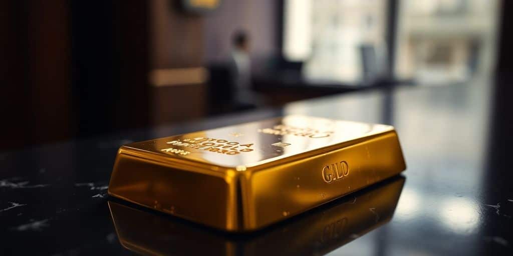 Lingot d'or sur fond bancaire sombre.