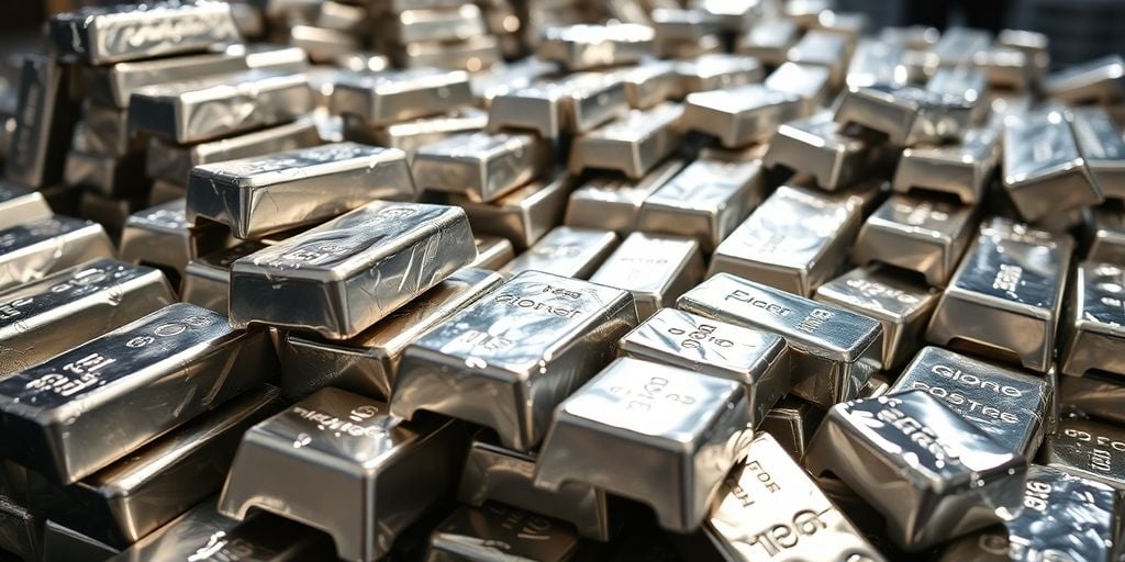 Lingots d'argent brillant empilés dans une mine.