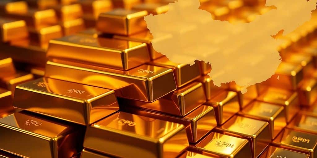 Lingots d'or brillants empilés et une carte stylisée de la Chine.