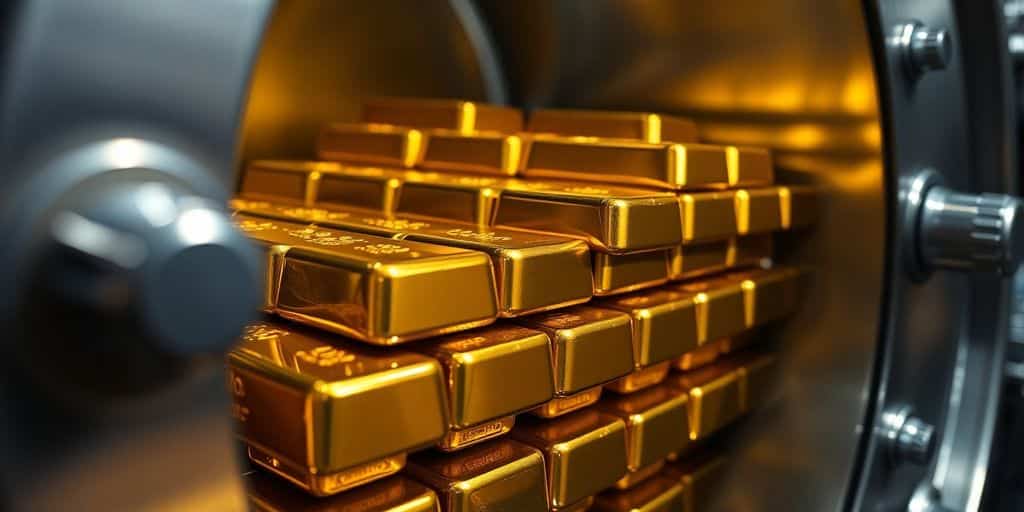 Lingots d'or brillants et coffre-fort sécurisé.